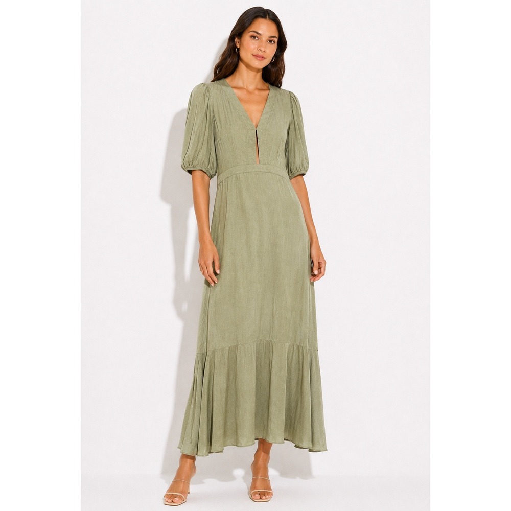 We‎ Are Kindred Sage Green Cupro Maxi Dress Puff Sleeve Keyhole US 6 AU 10